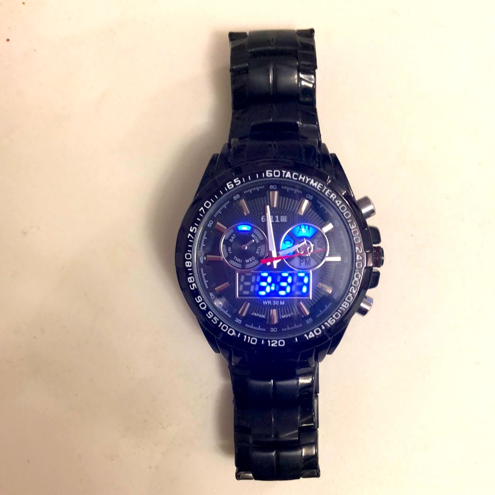 Sport Watch Multi time 6.11 Tachymeter Black Water Resistant Stainles Steel 8153